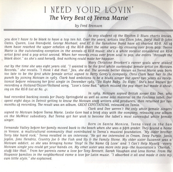 Teena Marie : I Need Your Lovin': The Very Best Of Teena Marie (CD, Comp)