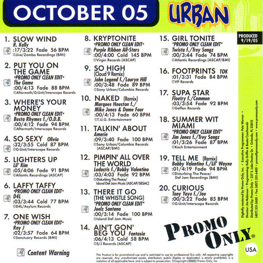 Various : Promo Only Urban Radio: October 2005 (CD, Comp, Promo)