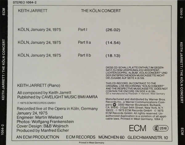 Keith Jarrett : The Köln Concert (CD, Album, RE)