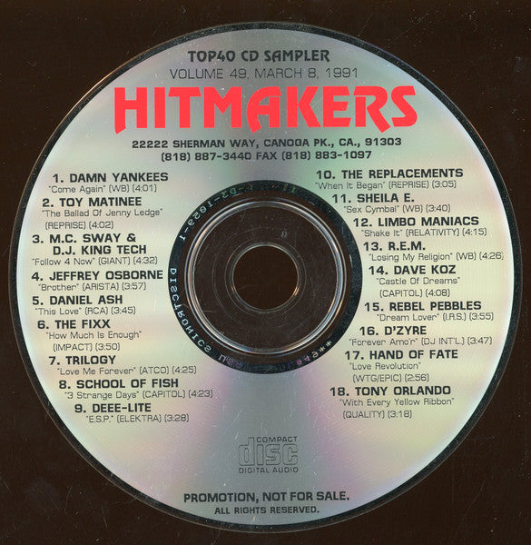 Various : Hitmakers Top 40 CD Sampler Volume 49 March 8, 1991 (CD, Promo, Smplr)