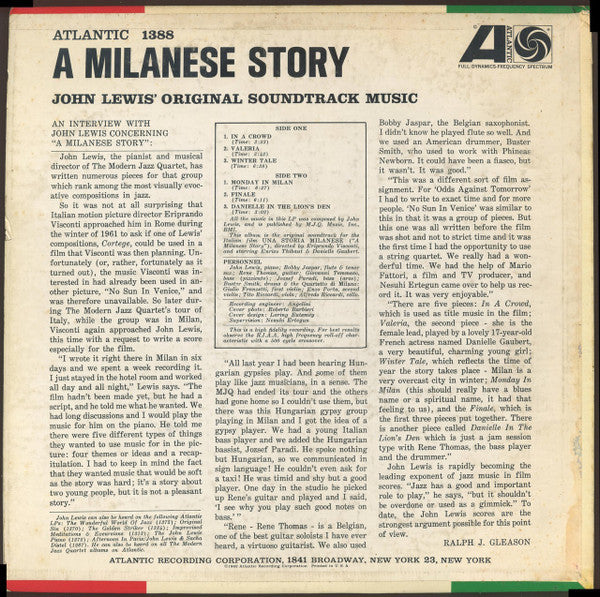 John Lewis (2) : A Milanese Story (Original Soundtrack) (LP, Album, Mono, Promo)