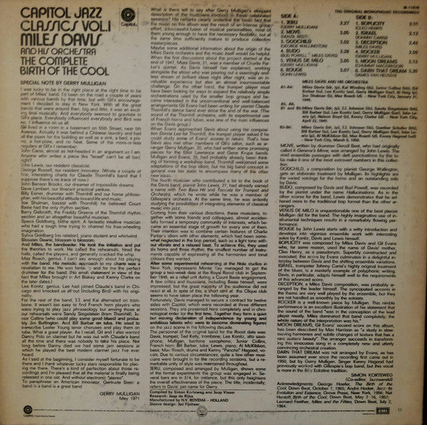 Miles Davis And His Orchestra : The Complete Birth Of The Cool (LP, Album, Comp, Mono, RE, Win)