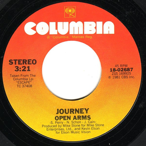 Journey : Open Arms (7", Single, Styrene, Pit)