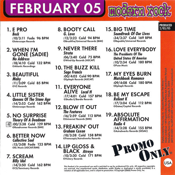 Various : Promo Only Modern Rock Radio: February 2005 (CD, Comp, Promo)