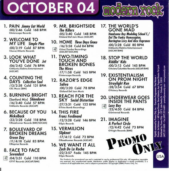 Various : Promo Only Modern Rock Radio: October 2004 (CD, Comp, Promo)