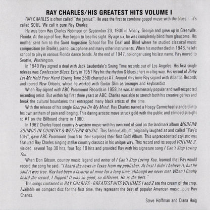 Ray Charles : His Greatest Hits Vol. 1 (CD, Comp, RM)