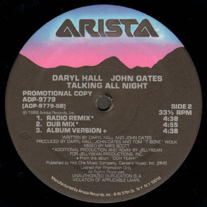 Daryl Hall & John Oates : Talking All Night (12", Maxi, Promo)