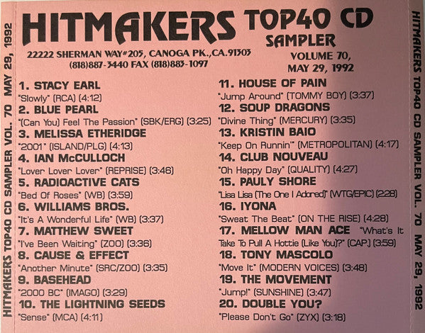 Various : Hitmakers Top 40 CD Sampler Volume 70 May 29, 1992 (CD, Promo, Smplr)