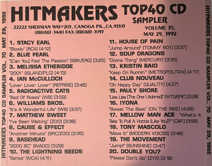 Various : Hitmakers Top 40 CD Sampler Volume 70 May 29, 1992 (CD, Promo, Smplr)