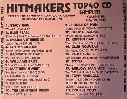 Various : Hitmakers Top 40 CD Sampler Volume 70 May 29, 1992 (CD, Promo, Smplr)