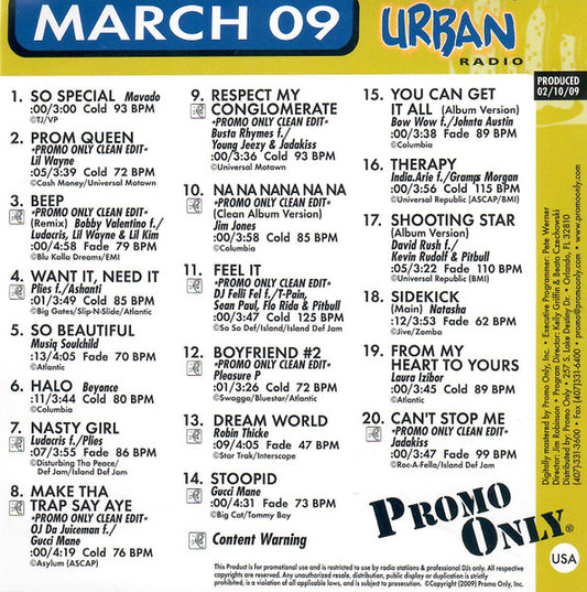 Various : Promo Only Urban Radio: March 2009 (CD, Comp, Promo)