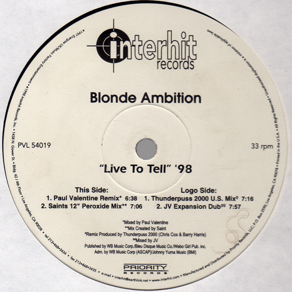 Blonde Ambition : Live To Tell '98 (The Dance Mixes) (12", Single)