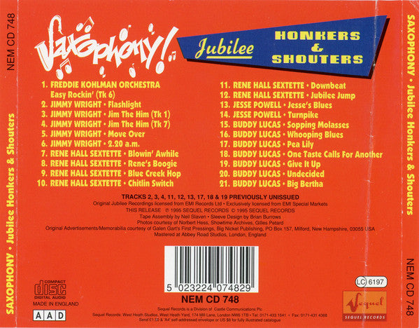 Various : Saxophony! - Jubilee Honkers & Shouters (CD, Album, Comp)