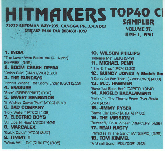 Various : Hitmakers Top 40 CD Sampler Volume 37 June 1, 1990 (CD, Promo, Smplr)