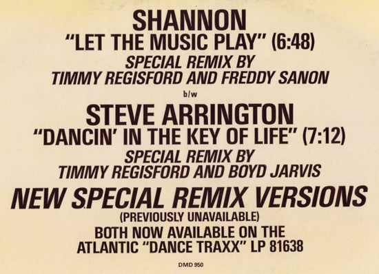 Shannon / Steve Arrington : Let The Music Play / Dancin' In The Key Of Life (New Special Remix Versions) (12", Promo)