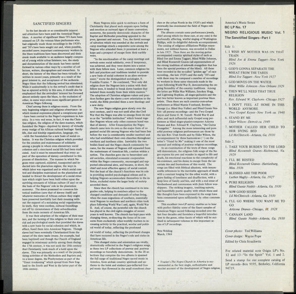 Various : Negro Religious Music Vol. 1 - The Sanctified Singers - Part 1 (LP, Comp)