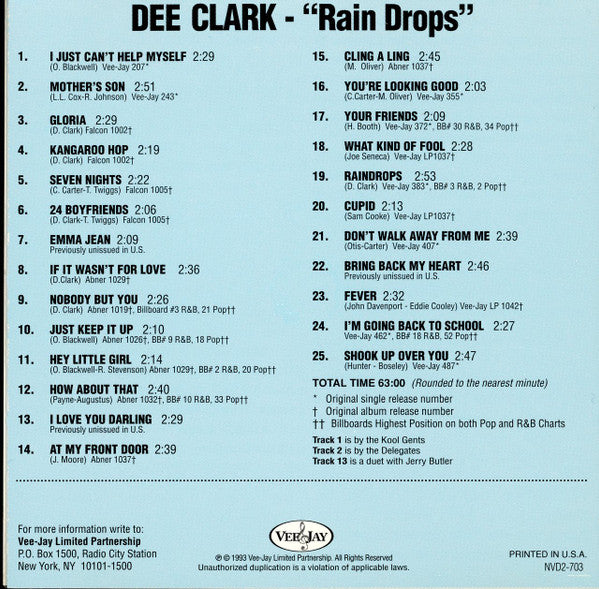 Dee Clark : "Rain Drops" (CD, Comp, Mono)