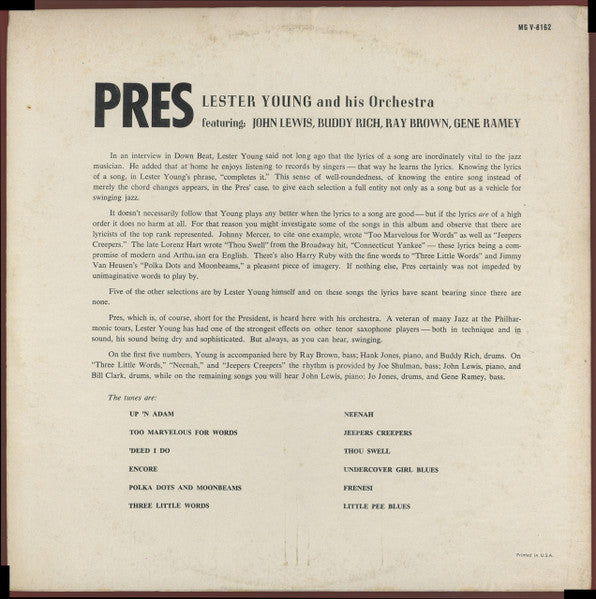 Lester Young And His Orchestra : Pres (LP, Album, Mono, RE)