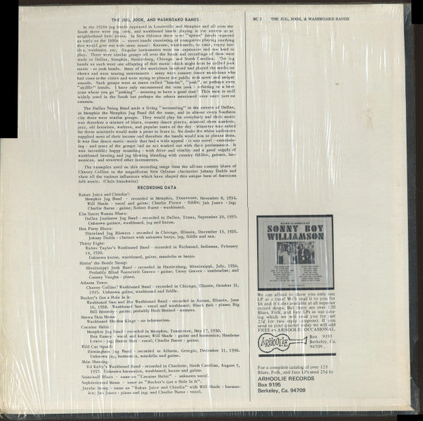 Various : Blues Classics By The Jug, Jook And Washboard Bands (LP, Comp, M/Print)