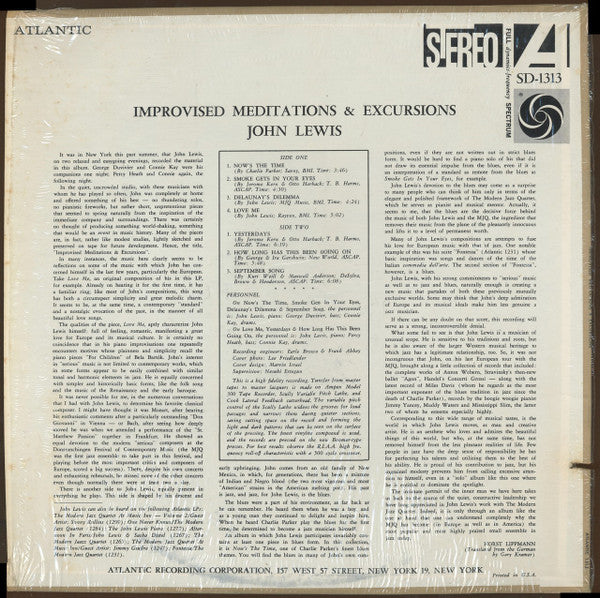 John Lewis (2) : Improvised Meditations & Excursions (LP, Album, RE, PR)