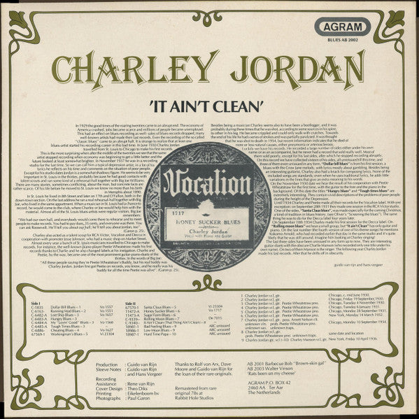 Charley Jordan : It Ain't Clean (LP, Comp, RM)