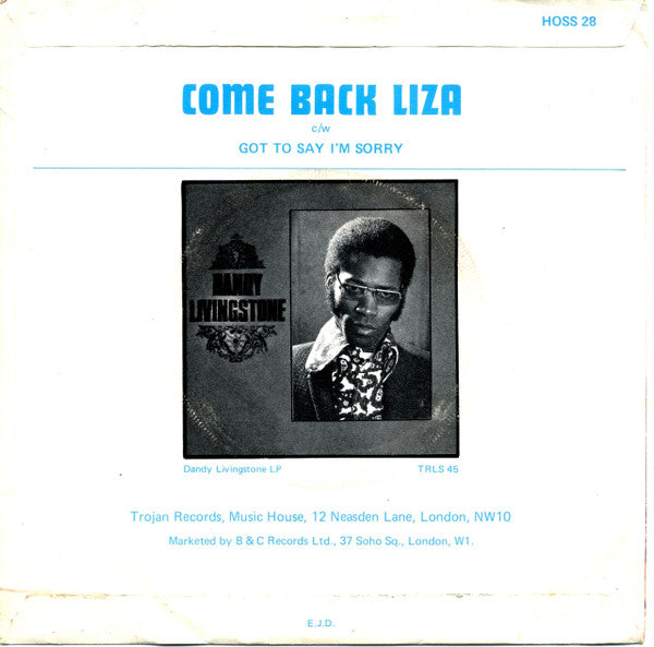 Dandy Livingstone : Come Back Liza (7")