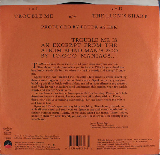 10,000 Maniacs : Trouble Me (7", Single, Spe)