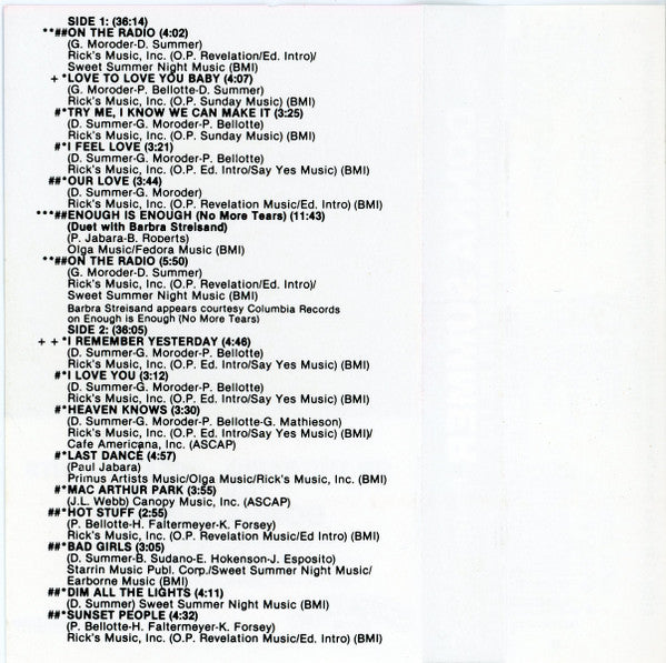Donna Summer : On The Radio: Greatest Hits Vol. I & II (Cass, Album, Comp, Club, P/Mixed, RE)