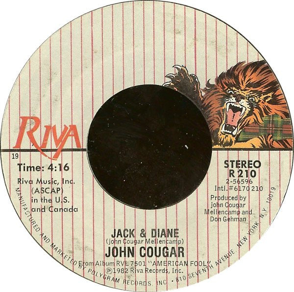 John Cougar Mellencamp : Jack & Diane (7", Single, Styrene, 19)