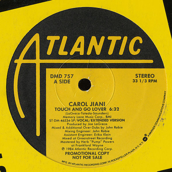 Carol Jiani : Touch And Go Lover (12", Promo, SP)