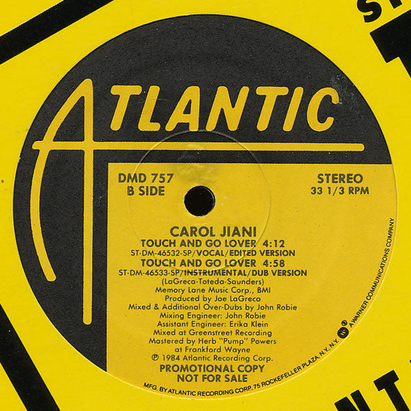Carol Jiani : Touch And Go Lover (12", Promo, SP)