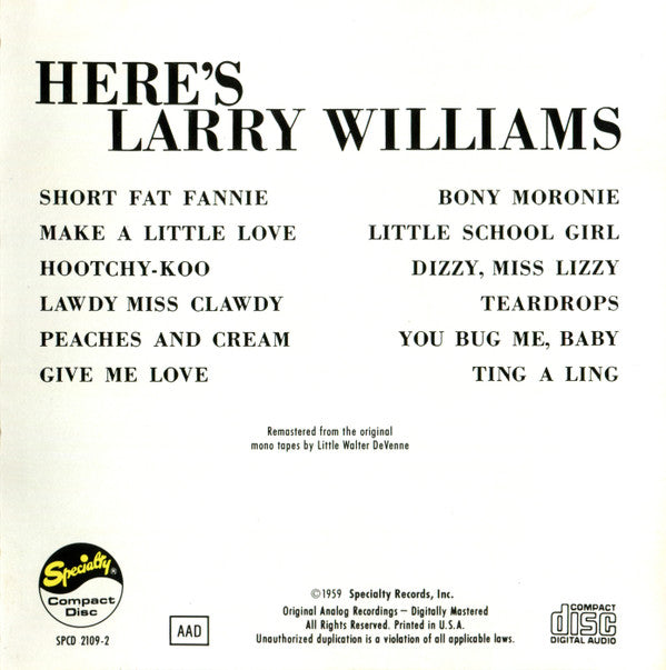 Larry Williams (3) : Here's Larry Williams (CD, Album, Mono, RE, RM)