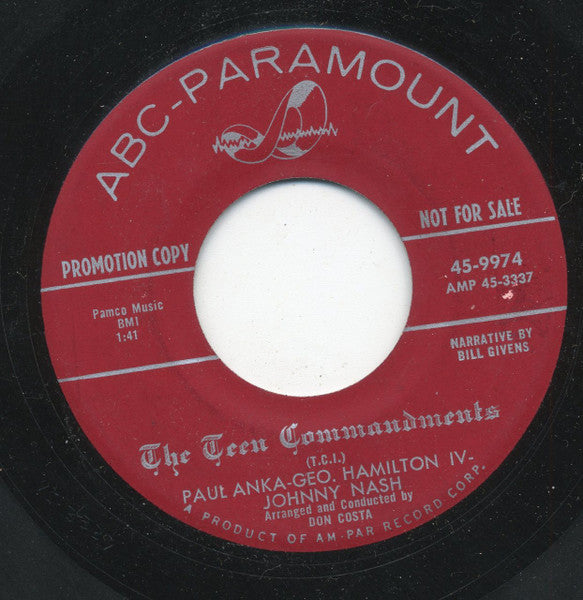 Paul Anka - George Hamilton IV - Johnny Nash : The Teen Commandments (7", Single, Promo)