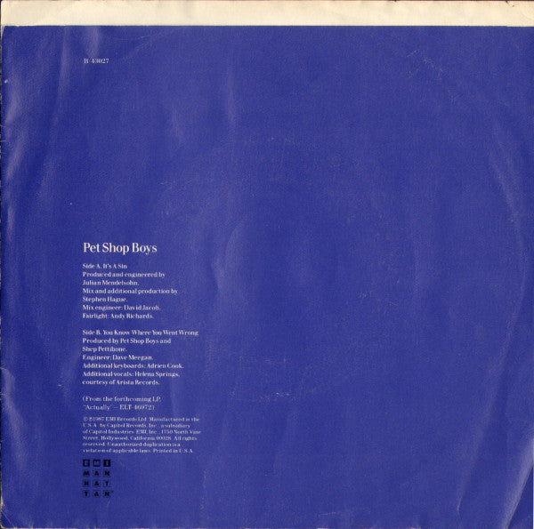 Pet Shop Boys : It's A Sin (7", Single)