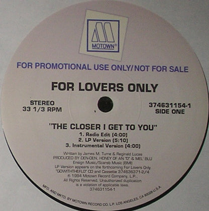 For Lovers Only : The Closer I Get To You (12", Single, Promo)