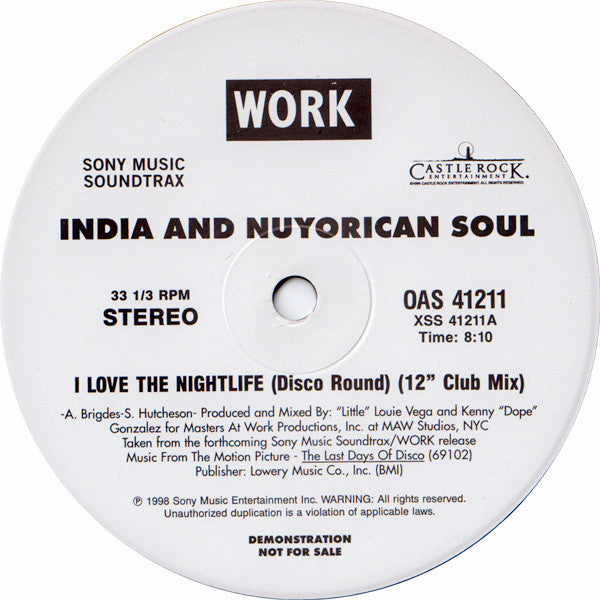 India And Nuyorican Soul : I Love The Nightlife (Disco Round) (12", Promo)