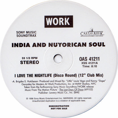 India And Nuyorican Soul : I Love The Nightlife (Disco Round) (12", Promo)