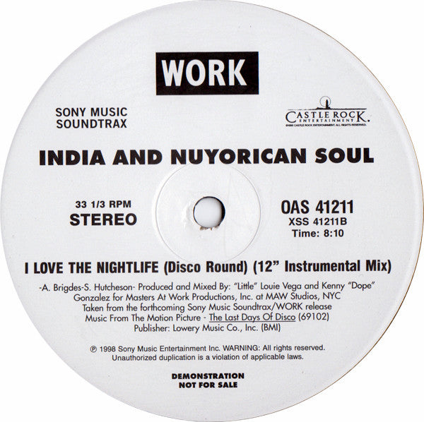 India And Nuyorican Soul : I Love The Nightlife (Disco Round) (12", Promo)