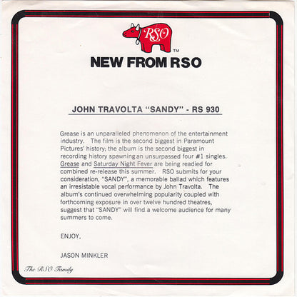 John Travolta : Sandy (7", Mono, Promo, Styrene)