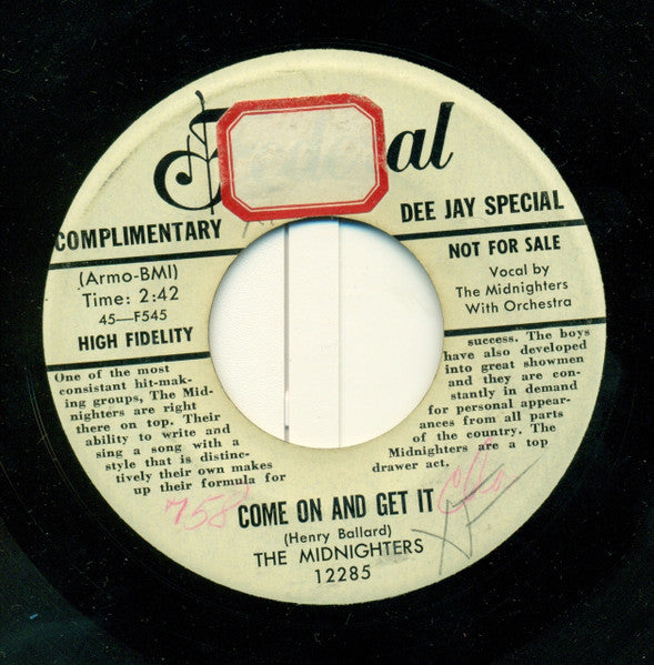 The Midnighters : Come On And Get It / I'll Be Home Some Day (7", Single, Promo)