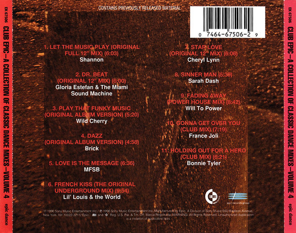 Various : Club Epic (A Collection Of Classic Dance Mixes) Volume 4 (CD, Comp, RM)