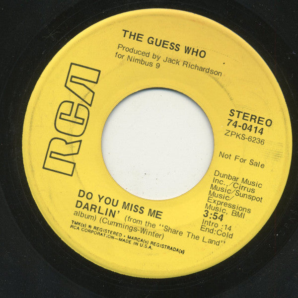 The Guess Who : Hang On To Your Life / Do You Miss Me Darlin' (7", Single, Promo)