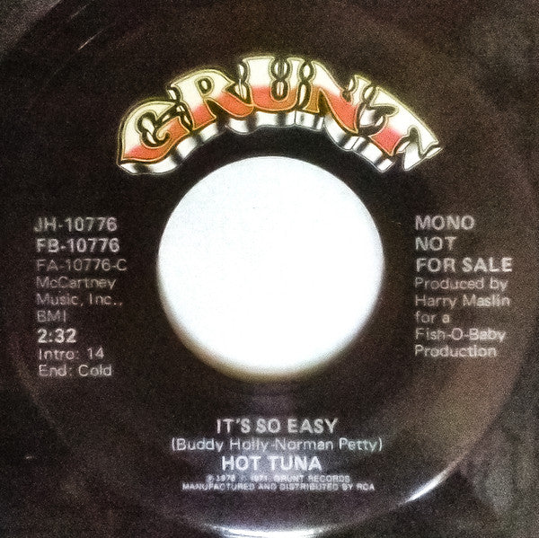 Hot Tuna : It's So Easy (7", Single, Mono, Promo)