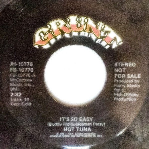Hot Tuna : It's So Easy (7", Single, Mono, Promo)