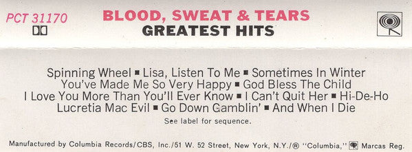 Blood, Sweat And Tears : Blood, Sweat & Tears Greatest Hits (Cass, Comp)