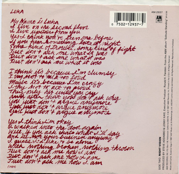 Suzanne Vega : Luka (7", Single, Pre)