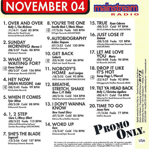 Various : Promo Only - Mainstream Radio November 04 (CD, Comp, Promo)