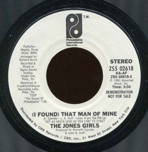 The Jones Girls : (I Found) That Man Of Mine (7", Single, Promo, Styrene)