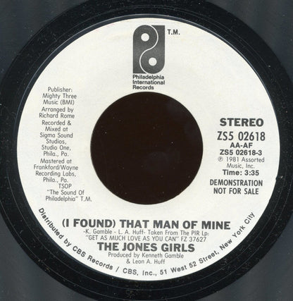 The Jones Girls : (I Found) That Man Of Mine (7", Single, Promo, Styrene)