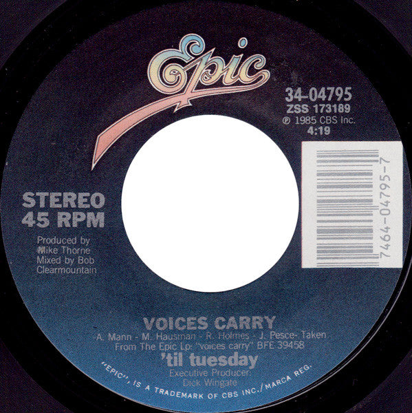 'Til Tuesday : Voices Carry (7", Single, Styrene, Pit)